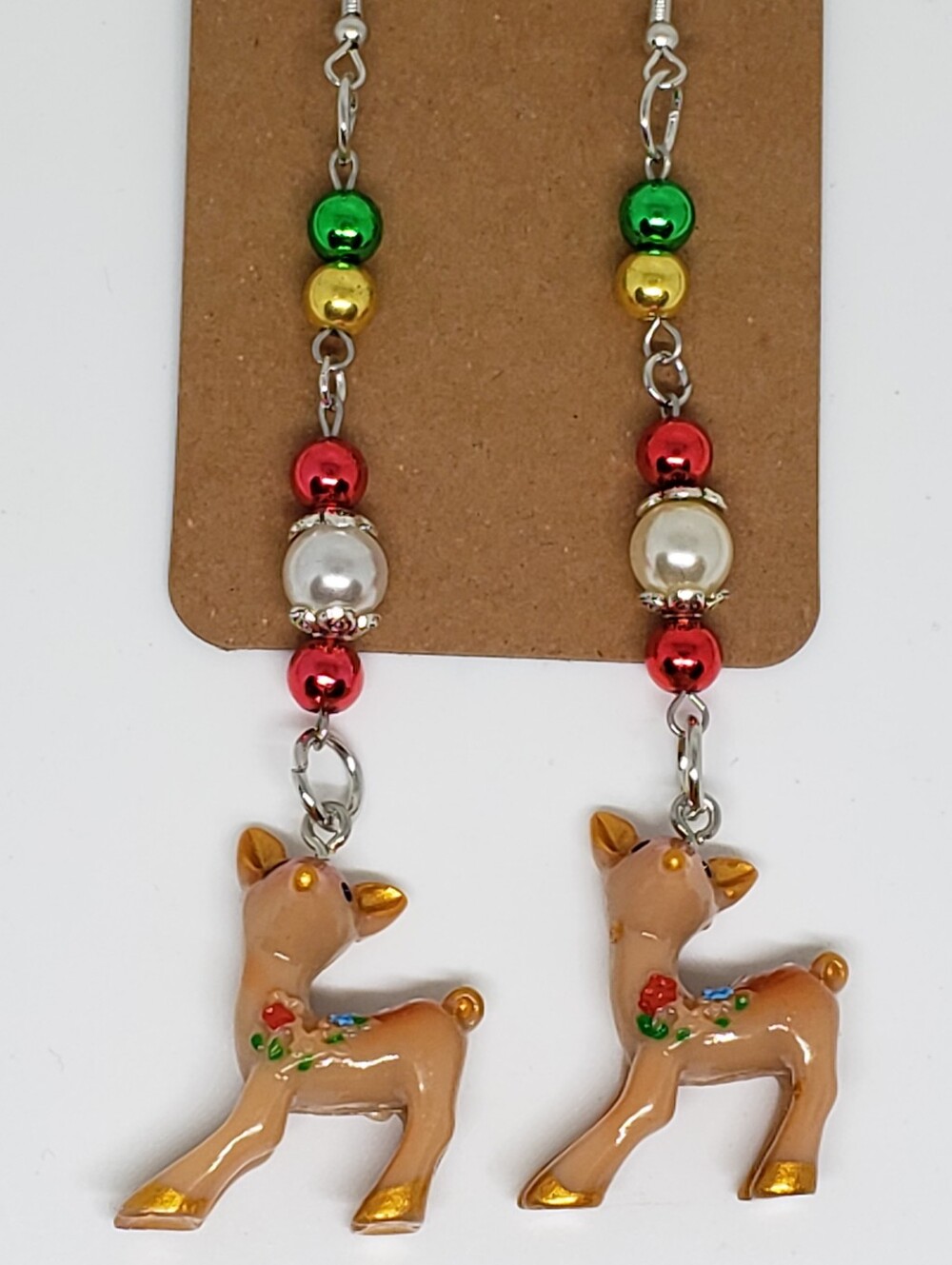 Handmade Beaded Dangle Flower Reindeer Earrings